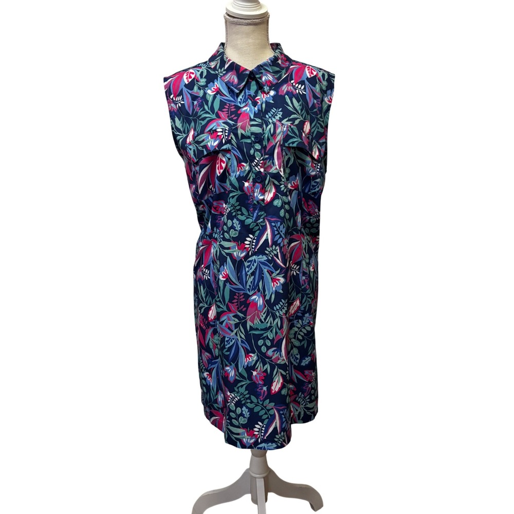 Reel Legends Mariner Shirt Dress Womens XL Navy Blue Tropical Floral Vented Back - Picture 2 of 8